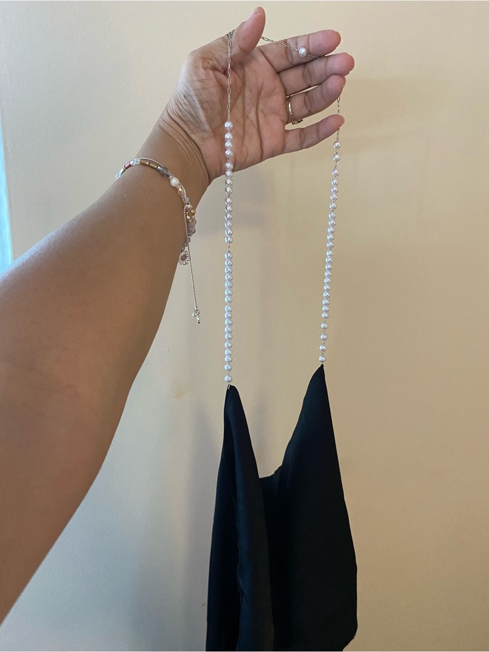 Black Satin cocktail mini Dress with Chain Pearl Straps - Picture 13 of 14
